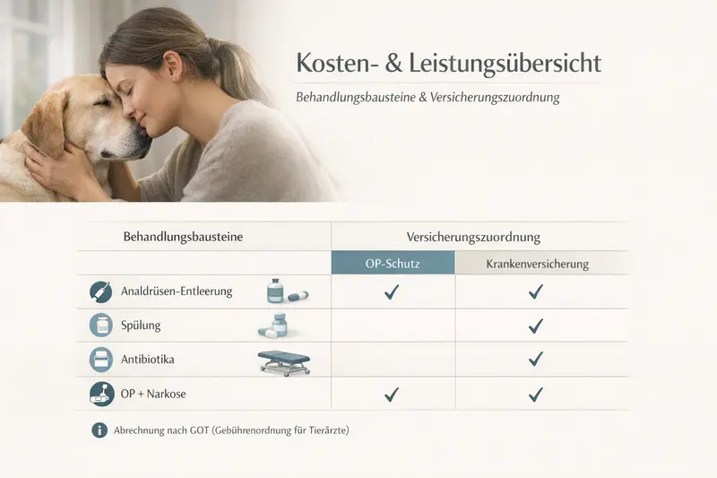 Infografik zur Kosten- und Leistungsübersicht für Hundebehandlungen mit Versicherungszuordnungen.
