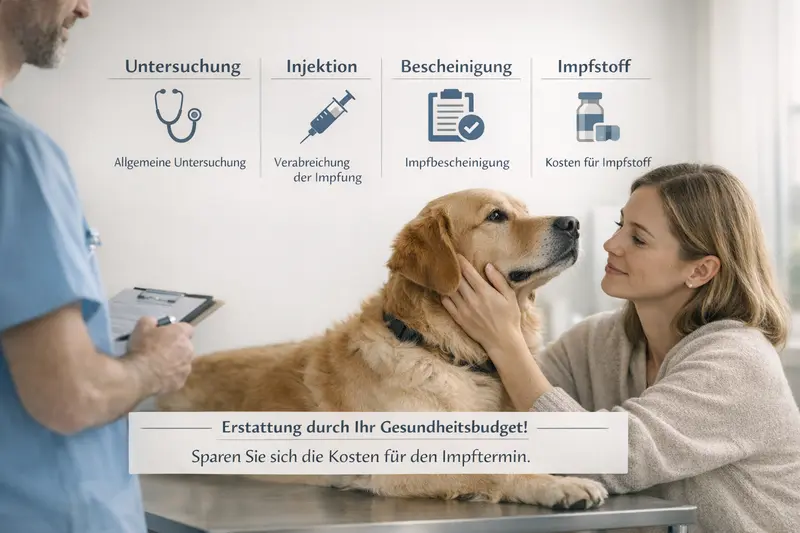 Infografik zur Kostenstruktur eines Impftermins für Hunde mit Untersuchung, Injektion, Bescheinigung und Impfstoff