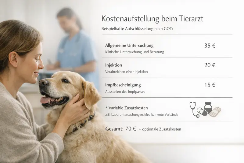 Grafik zur Kostenaufstellung für Tierarztbesuche bei Hunden mit GOT-Positionen wie Untersuchung, Injektion und Impfbescheinigung.