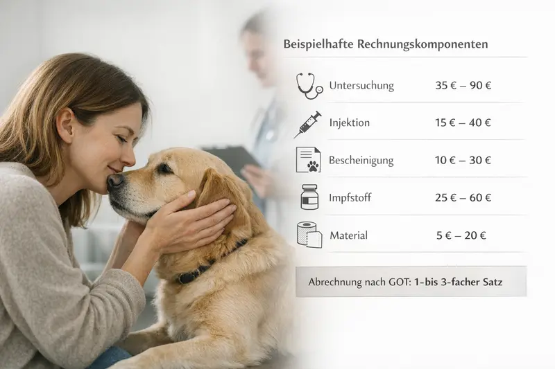 Beispielhafte Rechnungskomponenten für Hundearztbesuche, inkl. Impfstoff und Injektion.