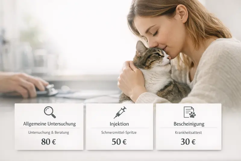 Visualisierung der Kostenstruktur für Tierarztleistungen, einschließlich Untersuchung und Injektion für Katzen.