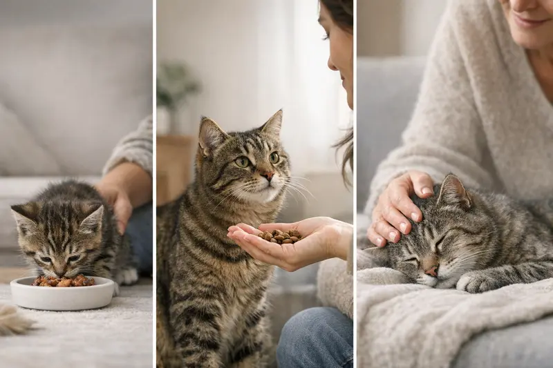 Infografik zeigt die Lebensphasen einer Katze von Kitten bis Senior mit Fütterungszielen und Warnzeichen.