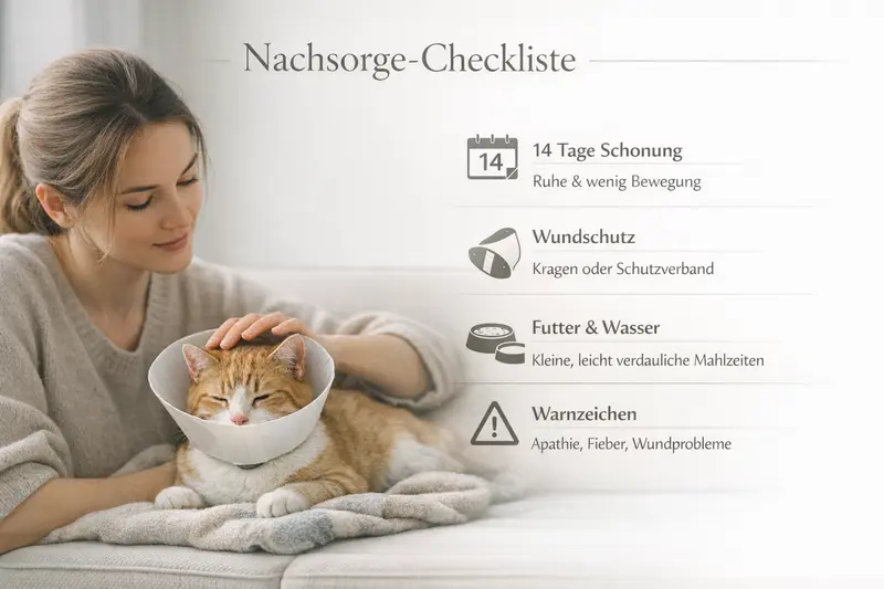 Grafik zur Nachsorge-Checkliste für Katzen mit wichtigen Punkten wie 14 Tage Schonung und Wundschutz.