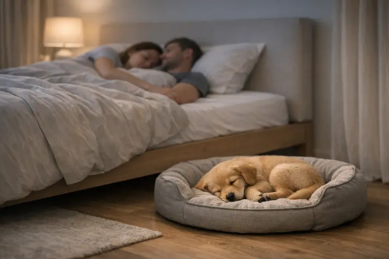 Ein Welpe schläft sicher in seinem eigenen Bett neben dem Schlafplatz seiner Halter.