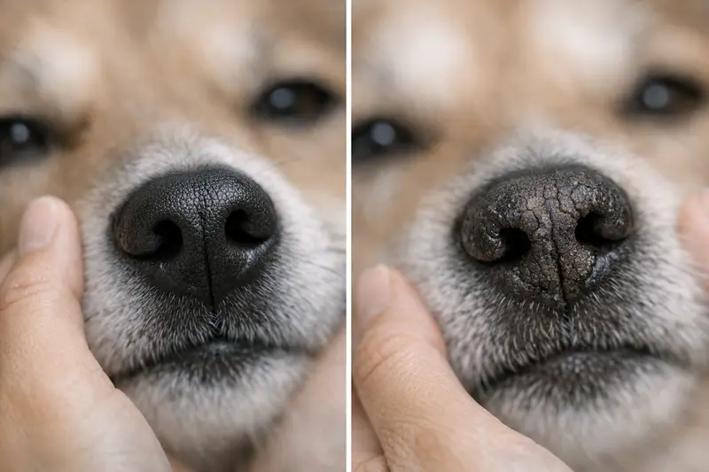 Nahaufnahme einer gesunden und einer rissigen Hunde-Nase zur visuellen Orientierung der Warnzeichen