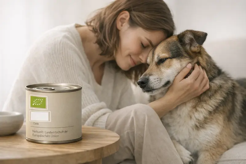 Nahaufnahme einer neutralen Katzenfutter-Verpackung mit EU-Bio-Logo und Herkunftsangabe.