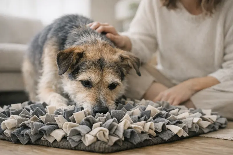 Nahaufnahme eines Schnüffelteppichs mit dicht geknoteten Stoffstreifen für Hunde.