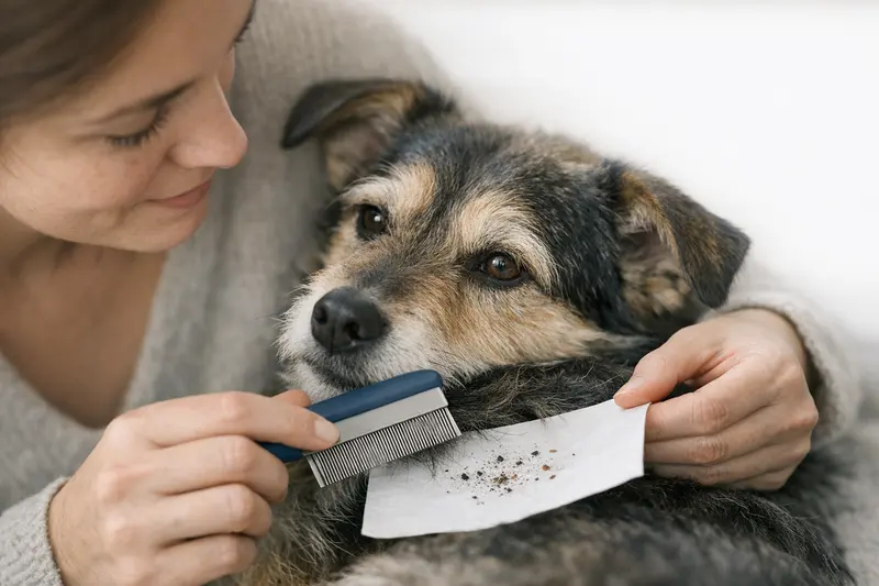 Nahaufnahme eines Flohkamm auf weißem Untergrund zur Unterstützung des Flohkot-Tests bei Hunden.
