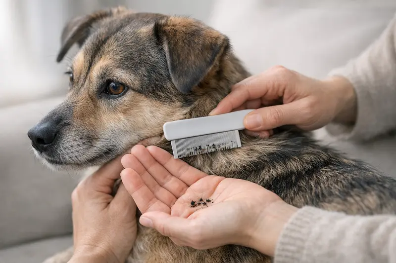 Nahaufnahme eines Hundes mit Flohkamm zur Untersuchung auf Flohkot.