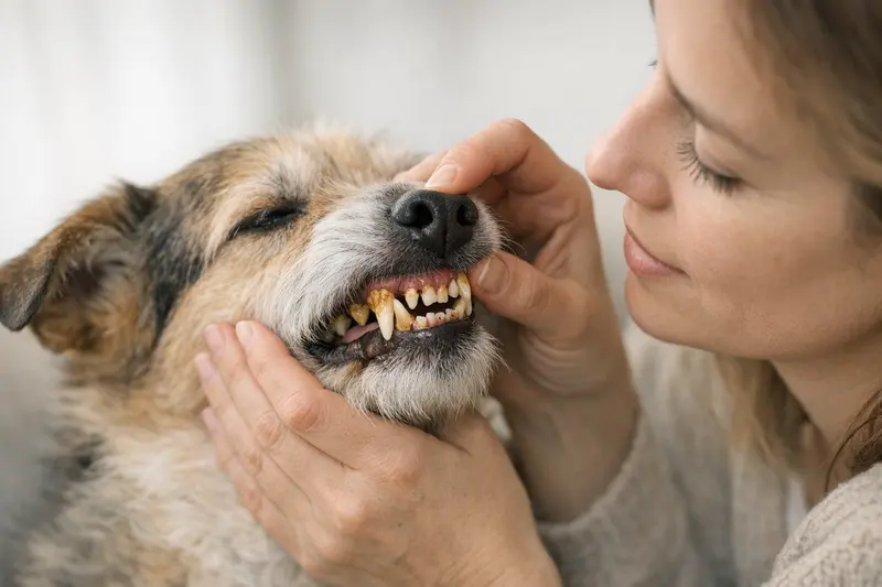 Nahaufnahme von Katzenzähnen mit sichtbaren braungelben Ablagerungen, die auf Zahnprobleme hinweisen.
