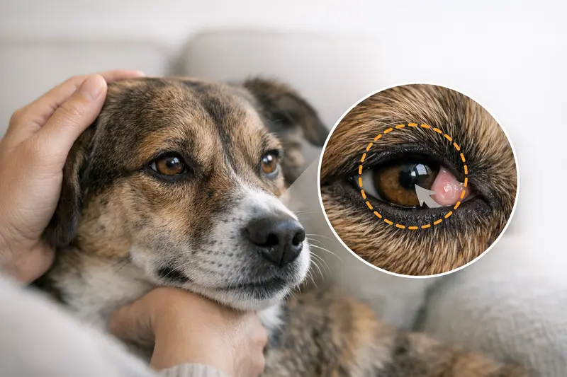 Nahaufnahme eines Hundeauges mit hervorgehobenem dritten Augenlid zur Darstellung seiner Funktion.