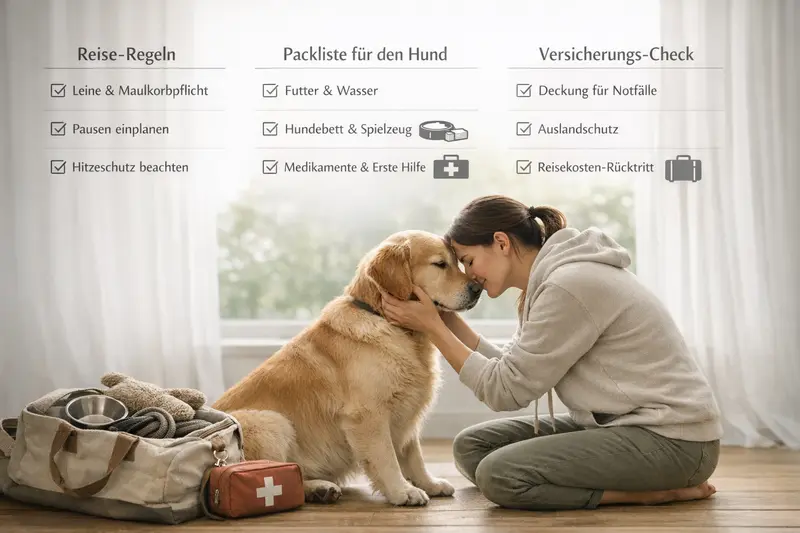 Eine kompakte Checkliste für Hundebesitzer mit wichtigen Regeln, Packliste und Versicherungs-Check für den Tierarztbesuch.