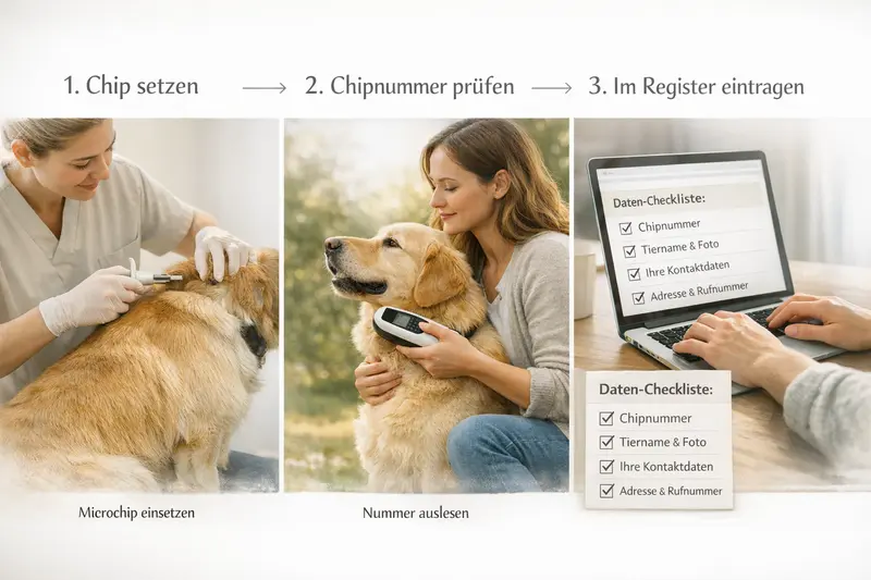 Eine Infografik zeigt die drei Schritte zur Registrierung eines Hundes mit einem Chip: Chip setzen, Chipnummer prüfen und im Register eintragen.