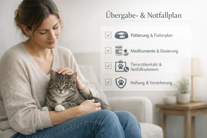 Grafische Checkliste für Katzenhalter zur Übergabe und Notfallplanung, einschließlich Fütterung, Medikamente und Tierarztkontakt.