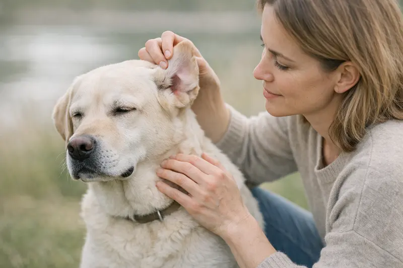 Kontrollkarte mit typischen Fundstellen am Hundekörper, verdeutlicht durch ringförmige Rötungen und lokale Schwellungen.