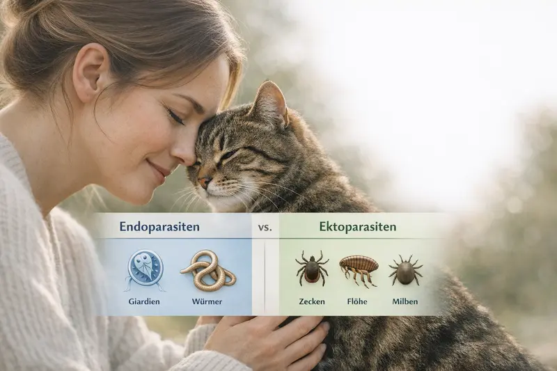 Grafik über Endoparasiten und Ektoparasiten bei Katzen mit Beispielen wie Giardien, Würmern, Zecken und Flöhen.