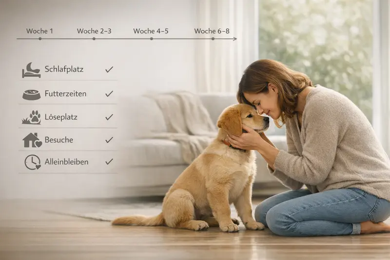 Orientierungs-Grafik für die ersten sechs bis acht Wochen der Hundehaltung mit Checkliste für Pflege und Training.