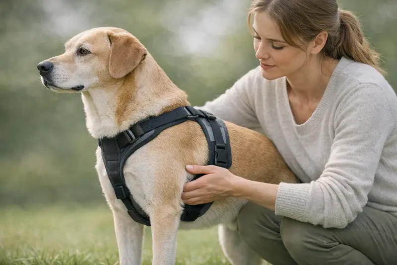 Ein Hund während des Passform-Checks eines Geschirrs, das handbreit hinter dem Ellenbogen sitzt und Druckpunkte im Achselbereich berücksichtigt.