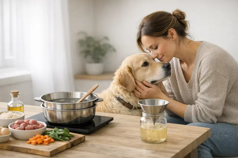 Ein Hund steht vor einem Set mit Zutaten und einem Wasserbad zur Konsistenzprüfung von selbstgemachtem Futter.