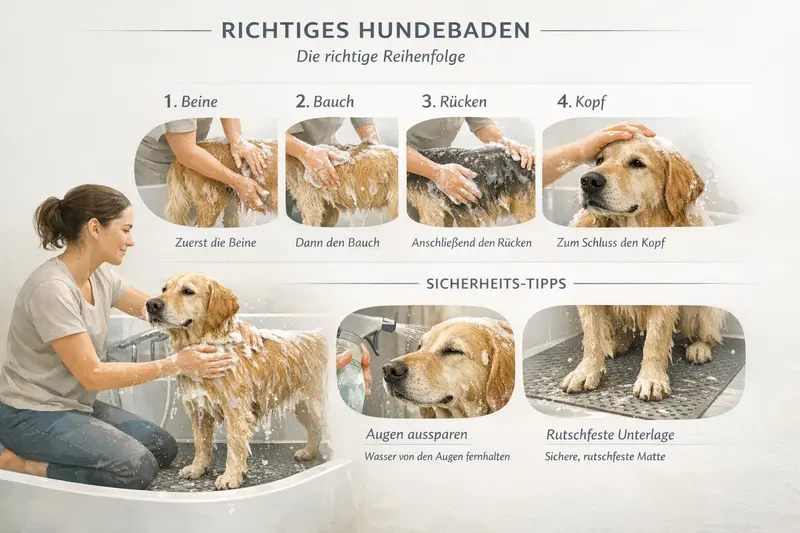 Infografik zur Schrittfolge beim Baden eines Hundes mit Sicherheitshinweisen.