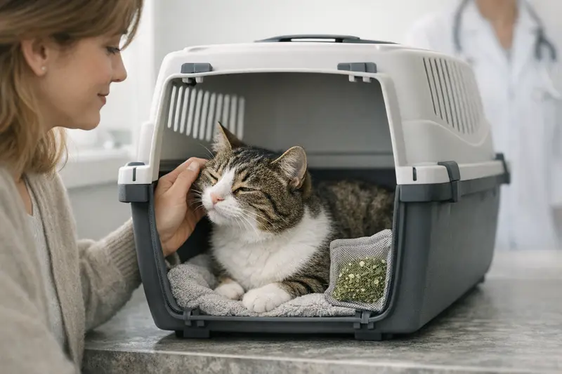 Eine Katze sitzt entspannt in einer Transportbox mit Katzenminze-Einsatz für stressfreie Tierarztbesuche.