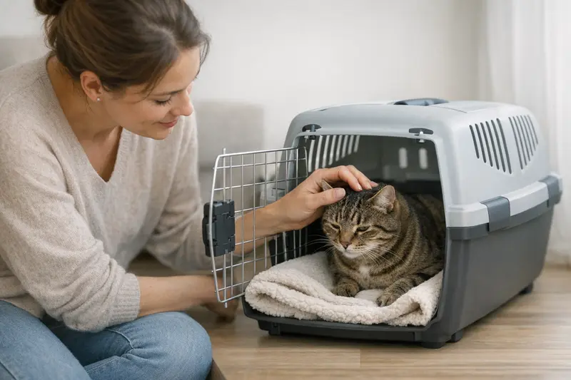 Offene Transportbox für Katzen, ausgestattet mit Decke und Unterlage, bereit für den Tierarztbesuch.
