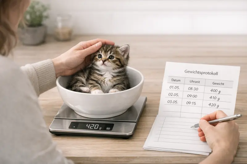 Eine Katze sitzt in einer Schüssel auf einer Küchenwaage, um ihr Gewicht zu messen, während ein Protokoll im Hintergrund sichtbar ist.