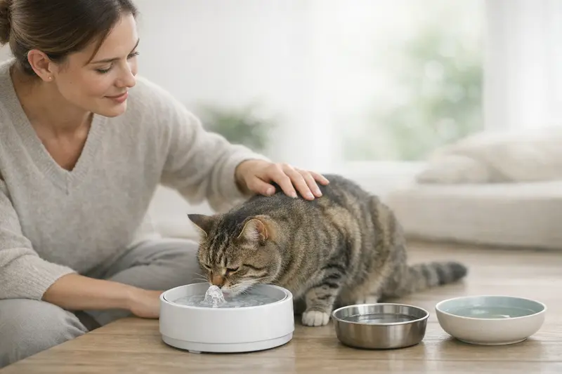 Eine Katze trinkt aus einem modernen Trinkbrunnen und mehrere Wassernäpfe sind sichtbar.