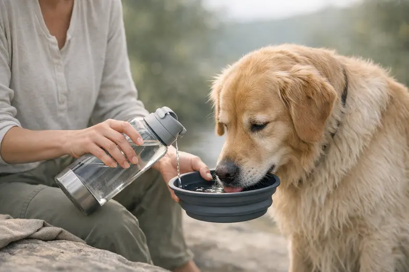 Eine Trinkflasche und ein faltbarer Napf für Hunde als praktische Vorsorgemittel.