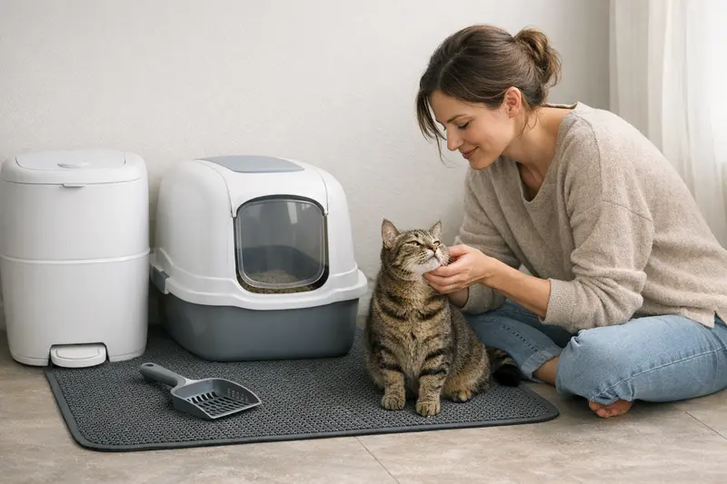 Katzenklo-Setup mit Matte, Schaufel und geschlossenem Entsorgungssystem für optimales Handling und Geruchsmanagement.