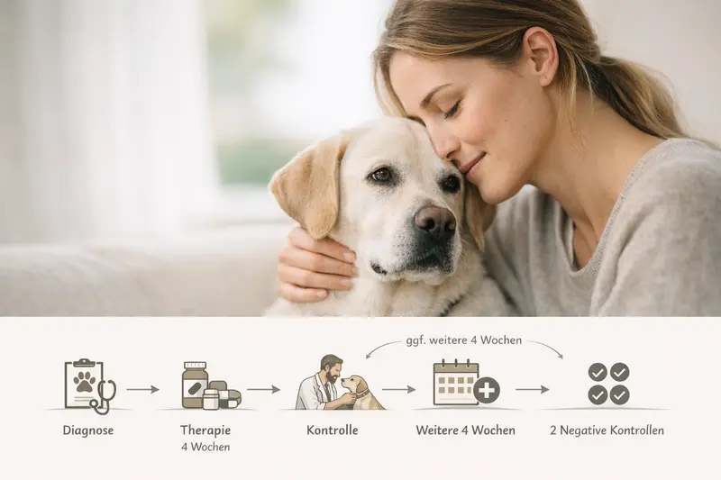 Prozessgrafik zeigt die Behandlungsschritte für Hunde von Diagnose über Therapie bis zur Kontrolle.