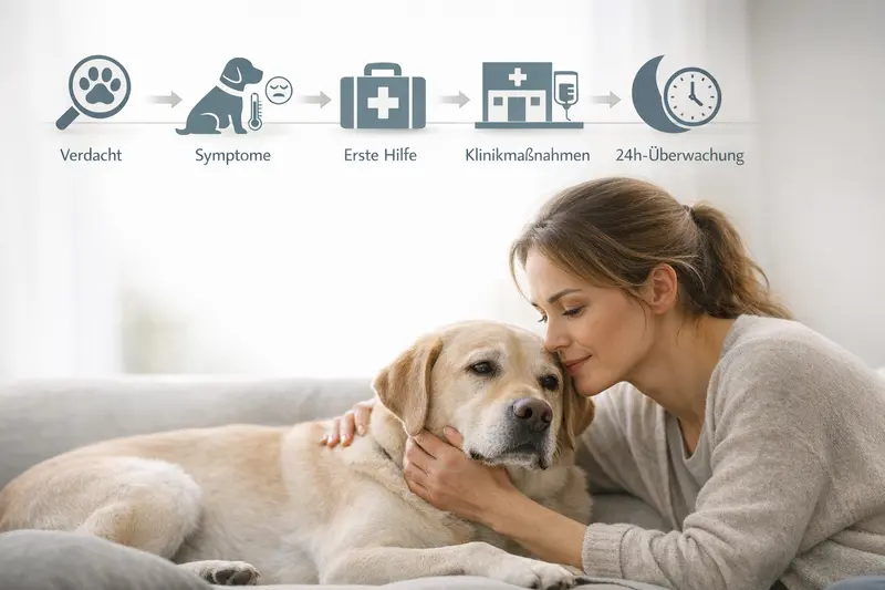 Illustration des Notfallpfades für Hunde: von Verdacht über Symptome und Erste Hilfe bis zu Klinikmaßnahmen und 24h-Überwachung.