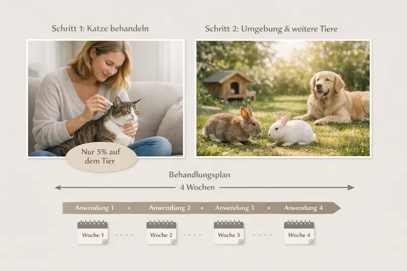 Visualisierung eines 2-Schritte-Plans zur Behandlung von Katzen mit einem zeitlichen Ablauf von 3 Anwendungen in 4 Wochen.