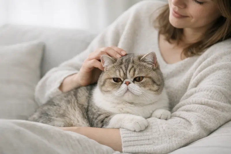 Porträt einer exotischen Kurzhaarkatze mit rundem Kopf und kurzem Fell.