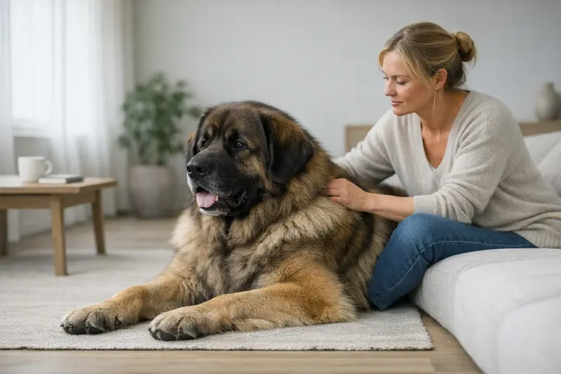 Ein großer Leonberger Hund in entspannter Haltung zeigt seine muskulöse Statur.
