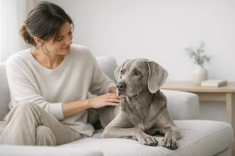 Ruhiger Weimaraner in neutraler Umgebung, geeignet zur Visualisierung der Rasse.