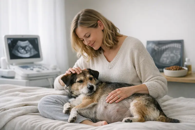 Infografik zeigt den Verlauf einer Schwangerschaft bei Hunden mit wichtigen Meilensteinen wie Ultraschall und Röntgen.