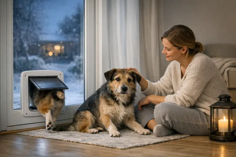 Eine Katze nutzt eine Katzenklappe, um flexibel ins Freie zu gelangen, auch bei winterlichen Bedingungen.