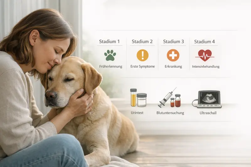 Infografik zu den Stadien 1-4 bei Hunden mit typischen Diagnostikmethoden wie Urin, Blut und Ultraschall.