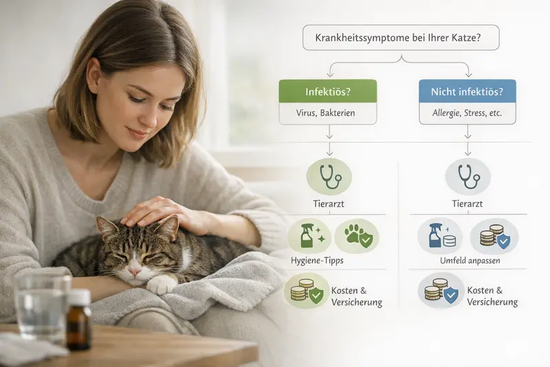 Infografik über die Entscheidungsfindung bei katzenspezifischen Krankheiten mit Fokus auf infektiöse und nicht infektiöse Erkrankungen.