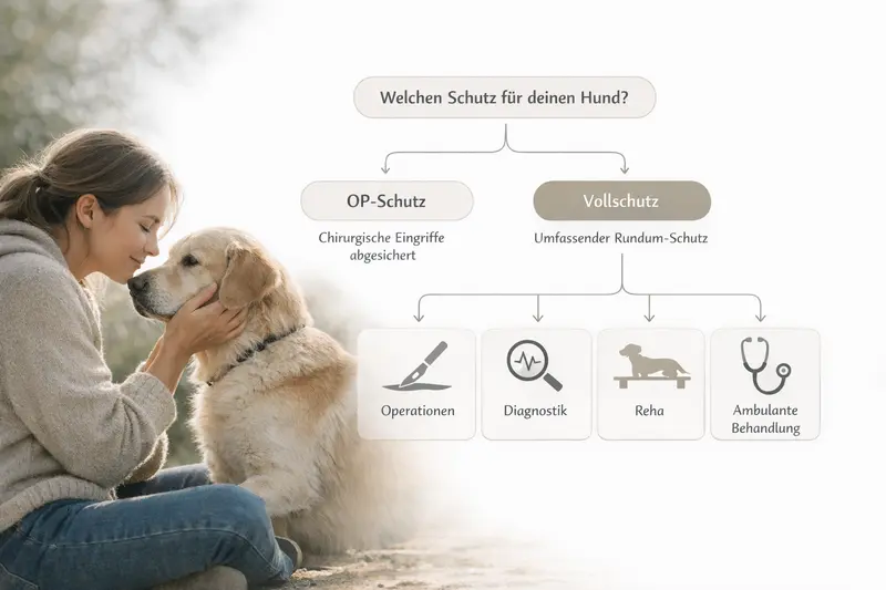 Entscheidungsbaum für Hundehalter zur Auswahl zwischen OP-Versicherung und Vollschutz mit Leistungsbausteinen.
