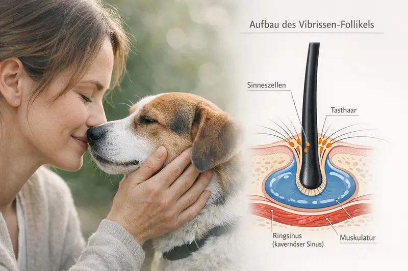 Schematische Grafik des Vibrissen-Follikels bei Hunden mit Darstellung der Sinneszellen und Muskulatur.