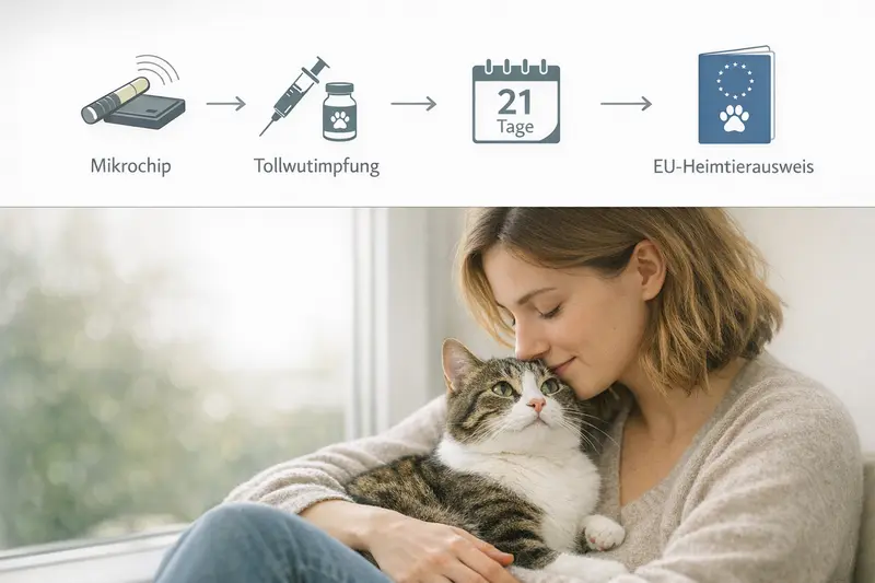 Schritt-für-Schritt-Anleitung für die Reise mit der Katze: Mikrochip, Tollwutimpfung, 21 Tage Wartezeit und EU-Heimtierausweis.