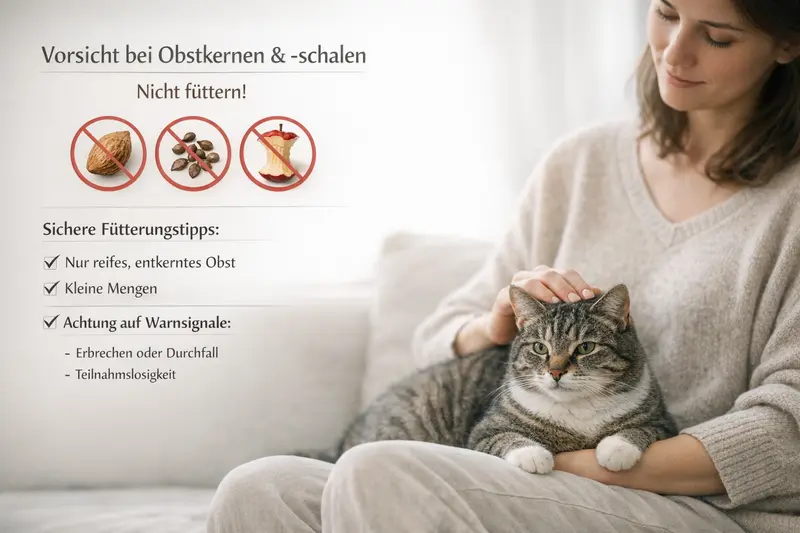 Eine Katze schaut neugierig auf eine Schale mit Kerne und eine Checkliste zur Fütterung.