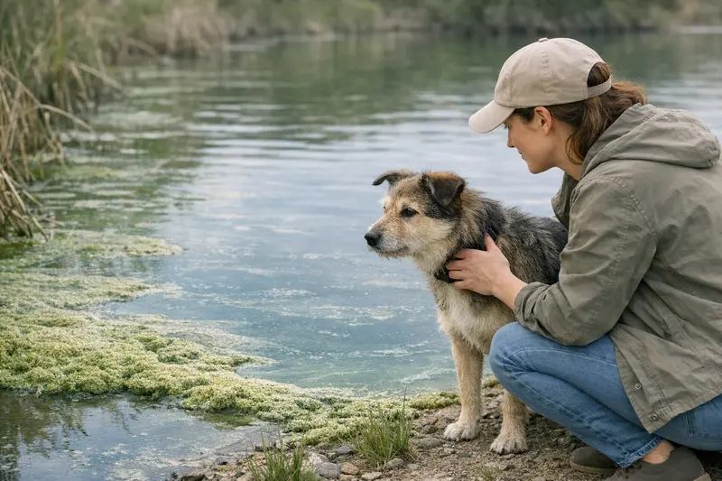 Ein Hund am Ufer, umgeben von blaugrünen Belägen im Wasser, um mögliche Gesundheitsrisiken aufzuzeigen.