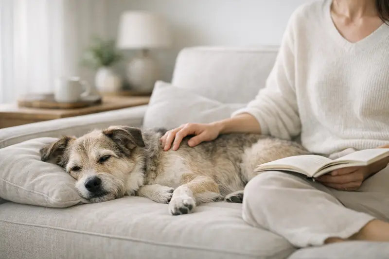 Ein entspannter Hund liegt friedlich in einer modernen Wohnumgebung und genießt eine ruhige Auszeit.