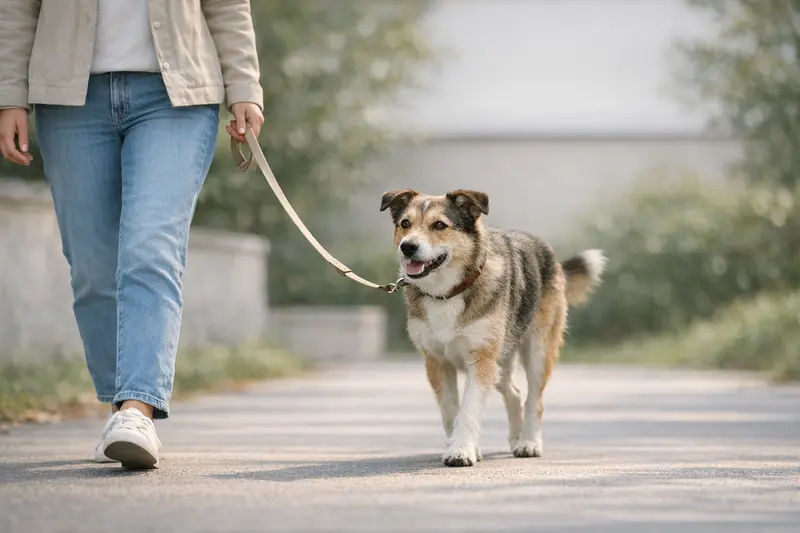 Ein entspannter Hund läuft an lockerer Leine neben seinem Besitzer und strahlt Sicherheit aus.