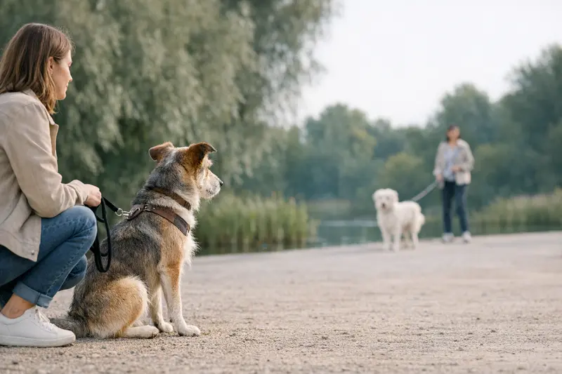 Ein Hund an der Leine in ruhiger Distanz zu einem anderen Hund, was eine gelassene Interaktion zeigt.