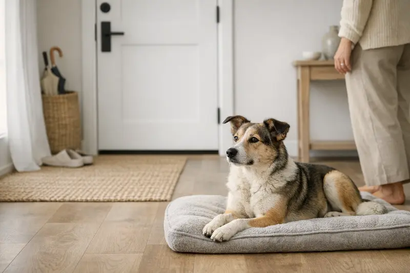 Ein ruhiger Hund liegt entspannt auf seiner Decke, während er in Richtung der Haustür schaut.