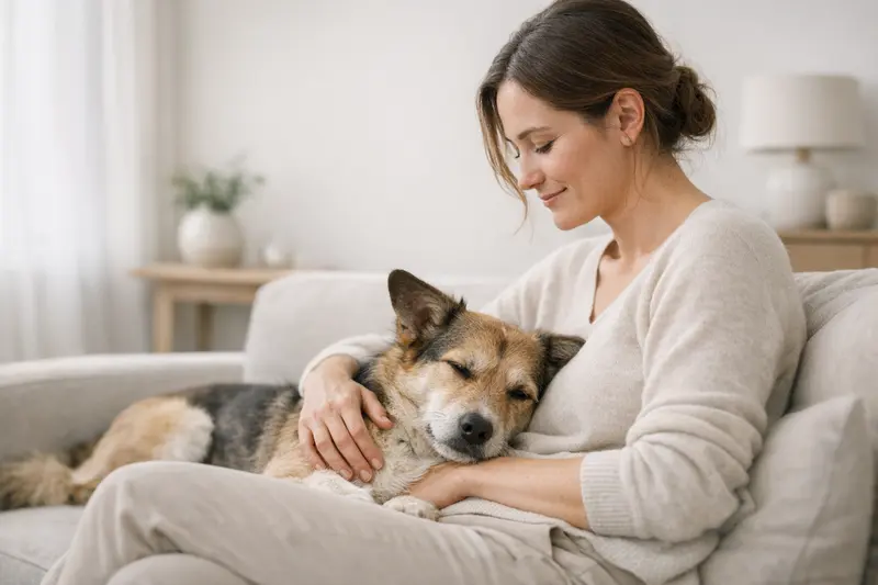 Ein ruhiger Hund interagiert sanft mit seinem Halter in einer vertrauten Umgebung.